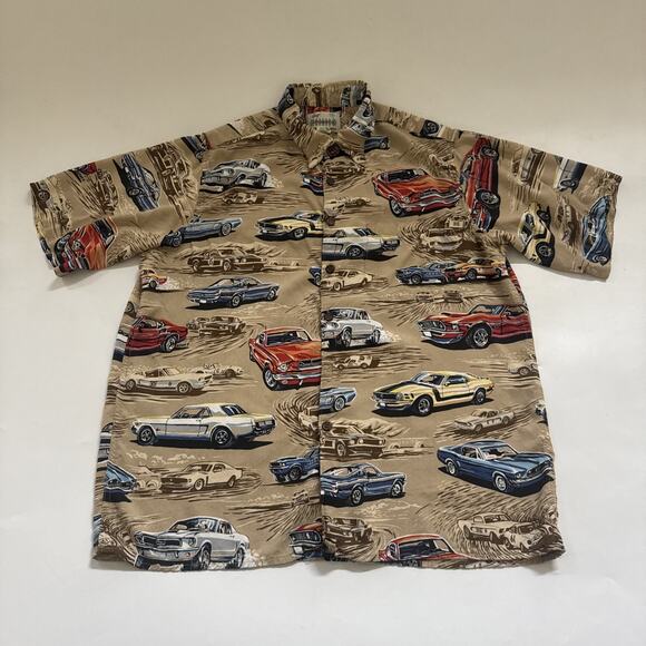 Vintage Reyn Spooner Hawaiian Shirt Retro Race Cars 100% Spun Rayon Aloha Medium - Picture 1 of 9